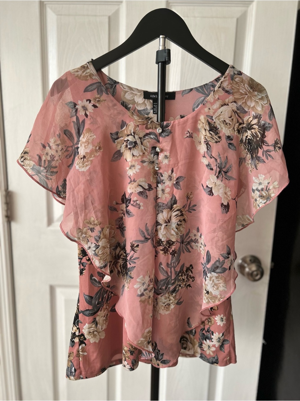 Adele & May Pink Floral Chiffon Tiered Blouse, Size S, Flutter Sleeve